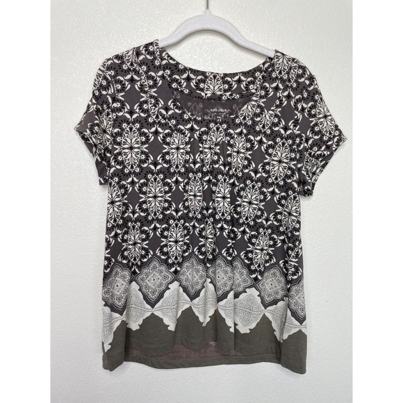 Sonoma Medium Printed Blouse Gray Short Sleeve Pleated Front Scoop Neck Cotton - Picture 1 of 11